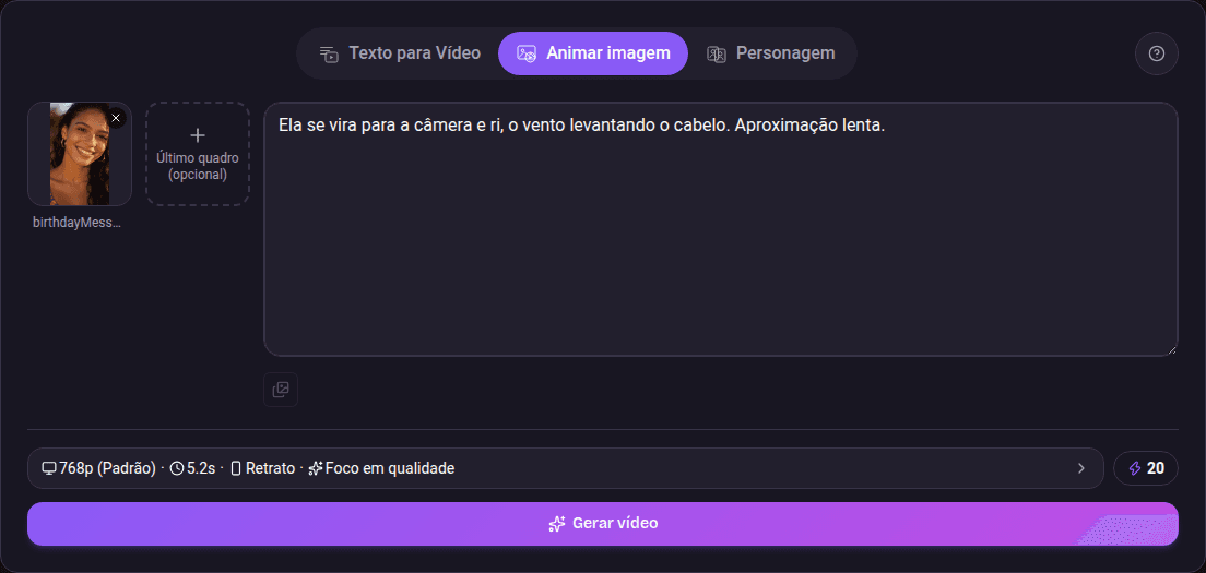 O cartão Animar imagem no computador, com a foto do primeiro quadro, o espaço opcional do último quadro e uma descrição de movimento.