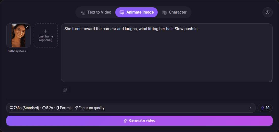 The desktop Animate image card with a first-frame photo, the optional last-frame slot, and a description of what happens next.