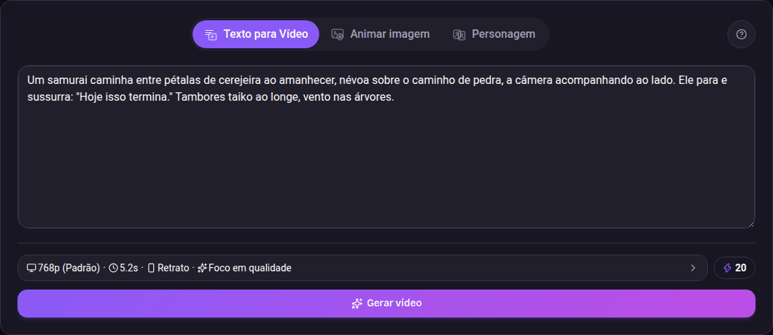 O cartão Criar no computador, com uma ideia de vídeo escrita, a linha de configurações e o botão Gerar vídeo.