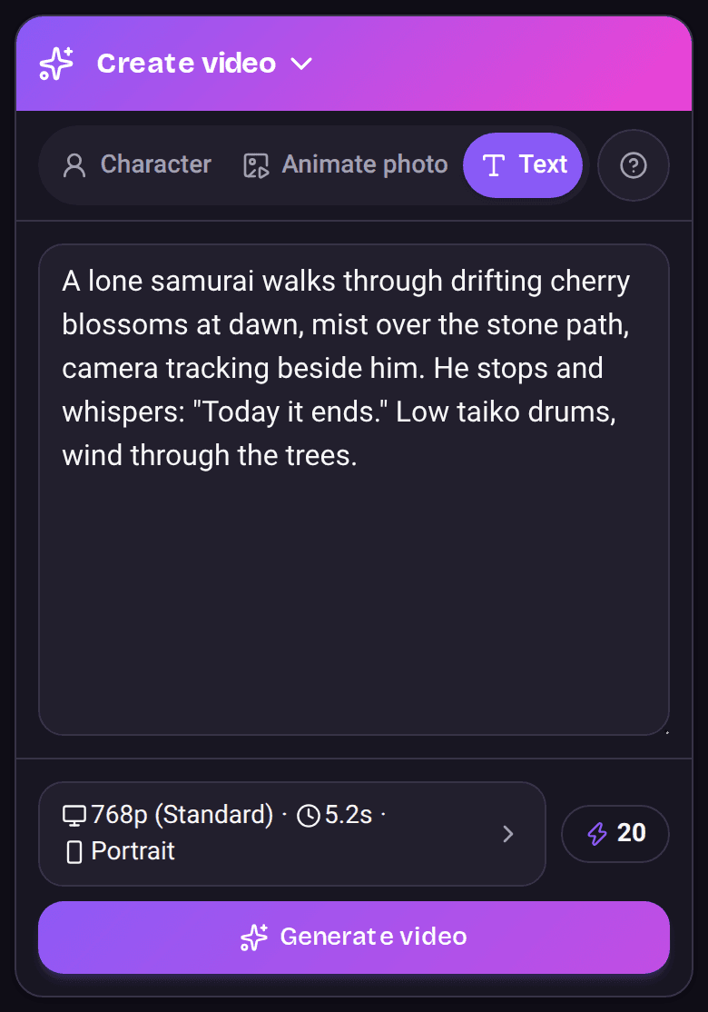 The Create screen with a video idea typed in and the Generate video button under it.